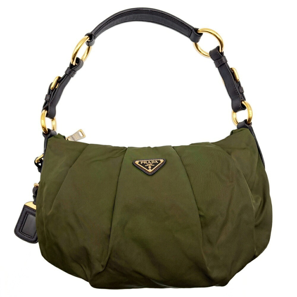 Prada bag, shoulder Tessuto style, gathered nylon and leather, khaki dark brown.